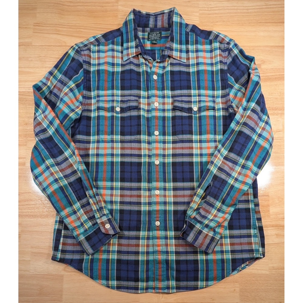 J.Crew Sporting Goods Mens Large Blue Teal Orange Plaid Flannel Shirt 07203 HO13